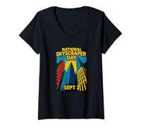 Womens National Skyscraper Day Sept 3 Comic Retro City Skyline V-Neck T-Shirt