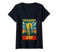 Womens National Skyscraper Day Sept 3 Comic Retro City Skyline V-Neck T-Shirt