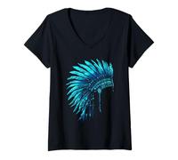 Womens Native American Feather Headdress Artwork Indian Chief V-Neck T-Shirt