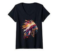 Womens Native American Feather Headdress Artwork Indian Tribe V-Neck T-Shirt