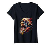 Women's Native American Feather Headdress Indian Chief Indian Tribe V-Neck T-Shirt