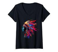 Womens Native American Feather Headdress Indian Chief Indian Tribe V-Neck T-Shirt