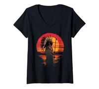 Women's Native American Feather Headdress Sunset Indian Chief V-Neck T-Shirt