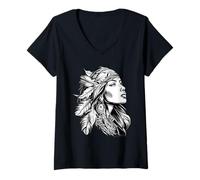 Womens Native American Indian Tribe Girl Feather Headdress V-Neck T-Shirt