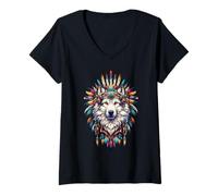 Womens Native American Indian Wolf Head Tribal Bohemian Native Wolf V-Neck T-Shirt