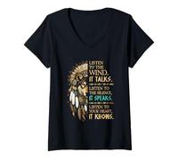 Women's Native American Indian Wolf Saying Listen to The Wind V-Neck T-Shirt