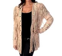 Womens Native American Indians Western Cowgirl Style Fringe Cream Leather Jacket Coat