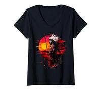 Womens Native American Pride Sunset Indian Chief Indian Tribe V-Neck T-Shirt