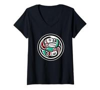 Womens Native American Red Black Haida Art Otter Salmon V-Neck T-Shirt