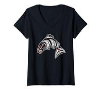 Womens Native American Red Black Haida Art Salmon V-Neck T-Shirt