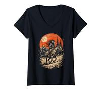 Women's Native American Warrior on Horseback with Moon V-Neck T-Shirt