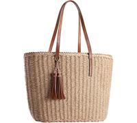 Women's Natural Paper Rope Straw Tote Bag, PU Leather Handle Woven Shoulder Bag with Tassel, Zipper Beach Travel Handbag