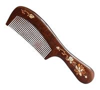 Women's Natural Sandalwood Comb 21 Cm, Fine Tooth, Anti-Static, Carved White Flower, Scalp Massage, Solid Wood