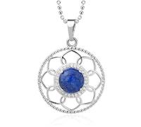 Women's Natural Stone Pendant Necklaces Round Lapis Lazuli Natural Stone Necklace Hollow Out Lace Bezel Fashion Gemstone Pendant Necklace Jewelry Party Gift
