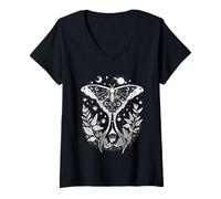 Womens Nature Goth Lunar Moth Witchy Aesthetic V-Neck T-Shirt
