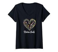 Womens Nature Heals Floral Heart Wildflower Quote V-Neck T-Shirt