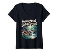 Womens Nature Heals Nature Reveals Waterfall Hiking Outdoor Travel V-Neck T-Shirt