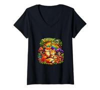 Women's Nature is My Muse Fox Cat Mushroom Stained Art V-Neck T-Shirt
