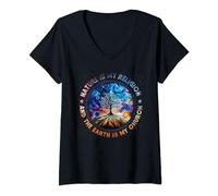 Womens Nature Is My Religion The Earth Is My Church Mandala Tree V-Neck T-Shirt