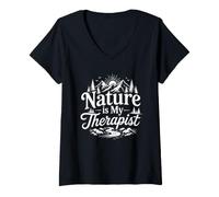 Women's Nature is My Therapist Forest Escape Design V-Neck T-Shirt