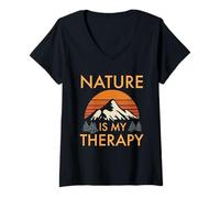 Womens Nature Is My Therapy Hiking Trail Walker Mental Health V-Neck T-Shirt