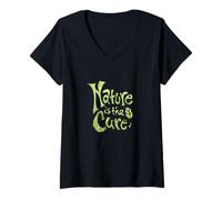 Women's Nature is The Cure Green Earthy Botanical Typography Design V-Neck T-Shirt