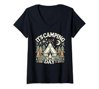 Womens Nature It’s Camping Day Funny Tent Outdoors Camper V-Neck T-Shirt