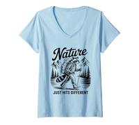 Womens Nature Just Hits Different - Funny Raccoon Hiking Lover V-Neck T-Shirt