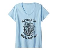 Womens Nature On Great Britain Floral Art V-Neck T-Shirt