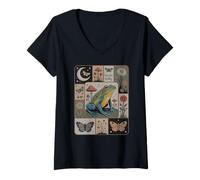 Womens Naturecore Frog Mushroom Cottagecore Fantasy Night Scene V-Neck T-Shirt