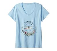 Women's Nature's Harmony Dragonfly Floral Botanical Illustration V-Neck T-Shirt
