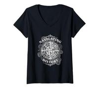 Womens Navigating History Compass Gears Antique Cartographer V-Neck T-Shirt