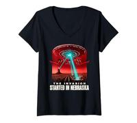 Women's Nebraska Alien Invasion Sci-Fi Thriller V-Neck T-Shirt