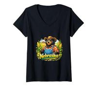 Women's Nebraska Farm Bear Cornfield Country Vibes V-Neck T-Shirt
