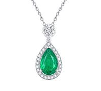 Women's Necklace 750 Gold / 925 Sterling Silver, Drop Laboratory Created Emerald 1.5 Carat Flower Pendant Charms Genuine Jewellery, 18 K white gold, Laboratory created emerald.