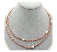 Women's Necklaces 2 Rows Faceted Round Rhodochrosite Cultured White Rice Pearl Necklace 17inch