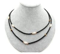 Women's Necklaces 2 Rows Genuine Faceted Rondelle Black Cultured White Freshwater Pearl Choker Necklace 17inch