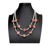 Women's Necklaces 2 Rows White Pearl Cat Eye Gold Plated Necklace Multi Strands Jewelry 18inch