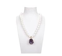 Women's Necklaces Jewelry Cultured White Rice Pearl Necklace Amethyst Druzy Pendant 22inch
