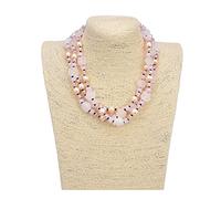 Women's Necklaces Jewelry Hand-Made Semi-Stone 3 Strands Pearl Rose Quartz Flower Crystal Necklace