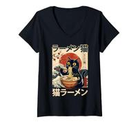 Women's Neko Ramen Black Cat Great Wave Japanese Ukiyo-e Style Art V-Neck T-Shirt