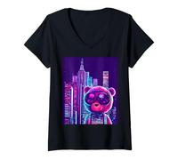 Women's Neon Cuddles: Synthwave Teddy Bear's Retro Journey V-Neck T-Shirt