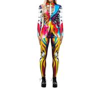 Women's Neon Skeleton Bodysuit,Digital Print Long Sleeve High Neck Stretch Catsuit,Glow Effect Halloween Costume,Fluorescent Skull Outfit for Cosplay Carnival Rave Party Stage Performance Clubwear