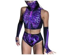 Women's Neon Skeleton Two Piece Costume,Digital Print Crop Top,High Waist Trousers,Arm Sleeves,Glow Effect Skull Outfit for Halloween Cosplay Carnival Rave Party Stage Performance Festival Fancy Dress