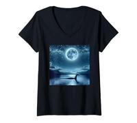 Women's Nessie The Loch Ness Monster Under Full Moon V-Neck T-Shirt