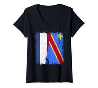 Womens Netherlands Congo Half Flag Dutch Congolese Pride Jersey V-Neck T-Shirt