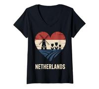 Women's Netherlands Heart Windmill Tulip Vintage V-Neck T-Shirt