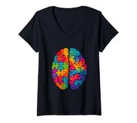 Womens Neurodivergent Brilliance Colorful Brain with Puzzle V-Neck T-Shirt