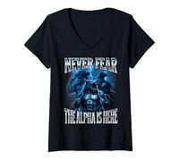 Womens Never Fear The Alpha is Here Unhinged Iconic Wolf Meme Men V-Neck T-Shirt