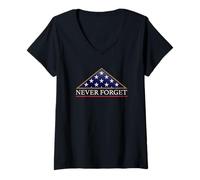 Women's Never Forget American Folded Flag Military Memorial Design V-Neck T-Shirt